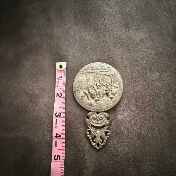 Vintage Denmark Hand Mirror With Embossed Farm Scene Design & Ornate Handle - Picture 4 of 4